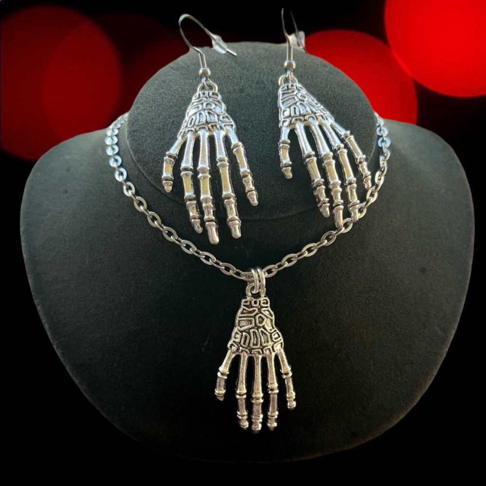 skull hands set earrings necklace goth halloween silver plated & stainless steel